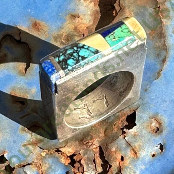 Vintage Sterling Silver Turquoise Inlay Square Ring Navajo Larry Castillo 7.5 - Picture 7 of 13